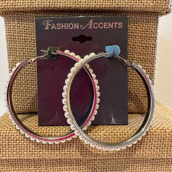 NWT Fashion Accents Earrings - Big Hoops silver tone covered in faux pearls - Picture 1 of 12